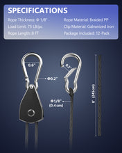 Load image into Gallery viewer, VIPARSPECTRA Retractable Heavy Duty Ratchet Tie Down Straps [12 Pack, 8ft, 75lbs/Pack], Rope Pulley System Bungee Cord with Carabiner Hook for Hanging Plants/Grow Light/Tents Various Tie-Down Uses
