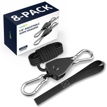 Load image into Gallery viewer, VIPARSPECTRA Rope Roller Tie Down Straps [8 Pack, 8FT, 75lbs/Pack], Heavy Duty Rope Pulley System with Carabiner Hook Rope Adjuster for Hanging Grow Light/Grow Tent/Plants Various Tie-Down Uses
